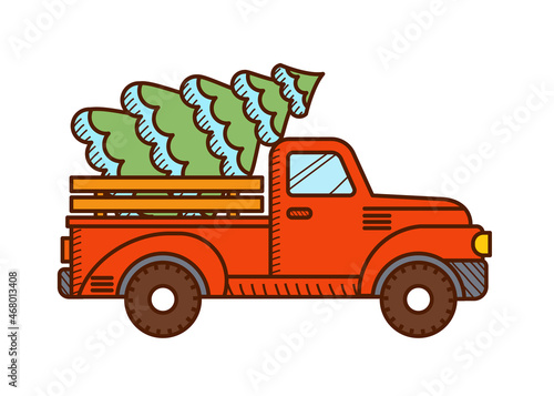 Vintage red christmas truck with a christmas tree