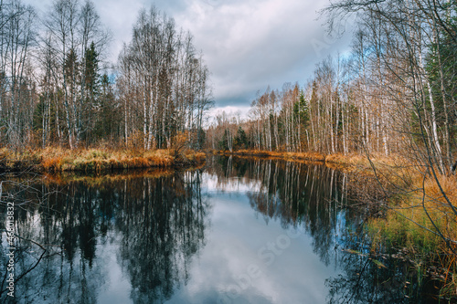 Autumn landscape of Karelia. Calm river flowing gently through woodland landscape. 