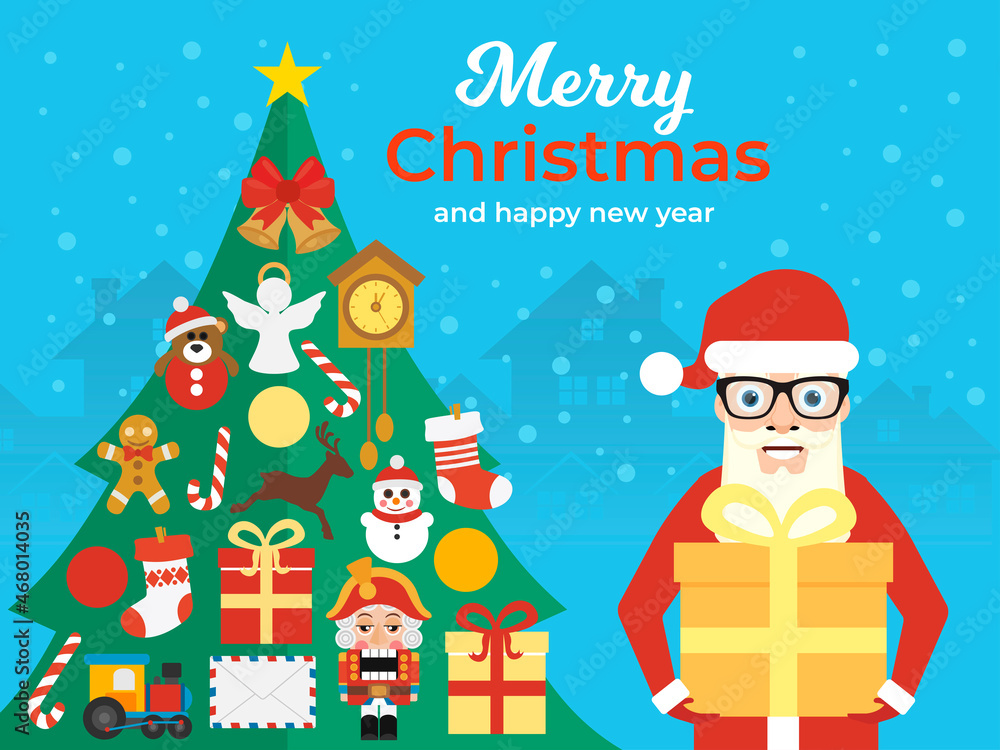 Merry Christmas and Happy New Year greetings concept design flat with Christmas tree and Santa Claus. Vector illustration