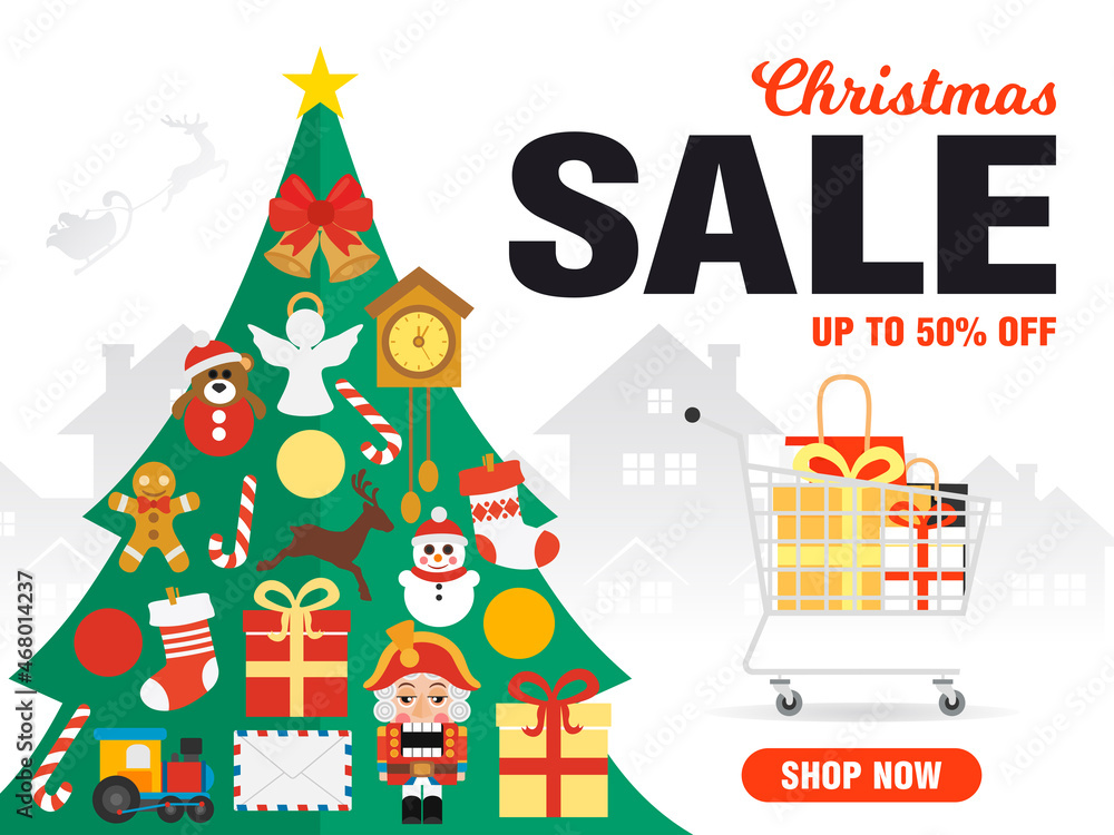 Christmas sale up to 50 % off. Christmas sale concept design flat with Christmas tree and shopping cart, basket. Vector illustration