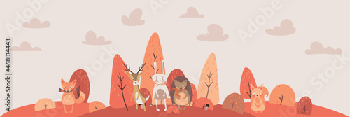 Vector illustration of cute woodland forest animals deer, rabbit, hedgehog, fox, squirrel. Cartoon autumn animal. Fall tree forest character. Great for baby shower and baby design. 
