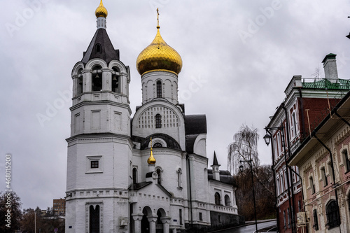 old beautiful Orthodox church in the old district of Nizhny Novgorod on a cloudy autumn day 