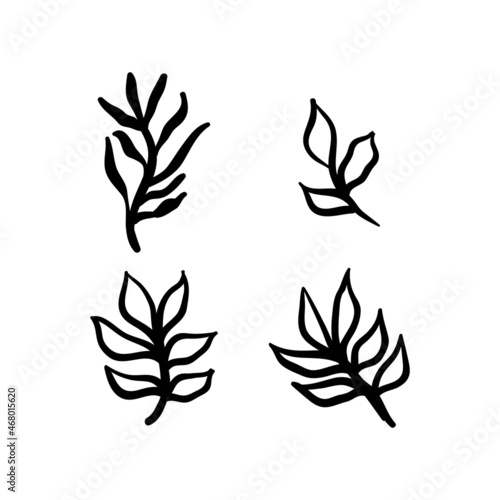 Little branches and floral doodles, hand drawn sketch drawings of plants, branches and leaves. Vector illustration.