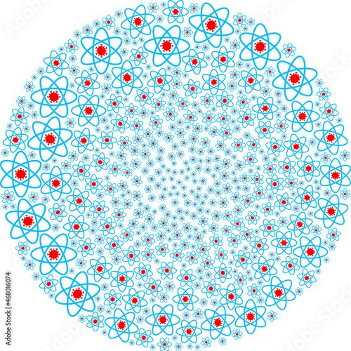 Virus atom icon rotation round mosaic. Virus atom items are united into globula cycle mosaic structure. Abstraction round cluster mosaic created from regular virus atom symbols.
