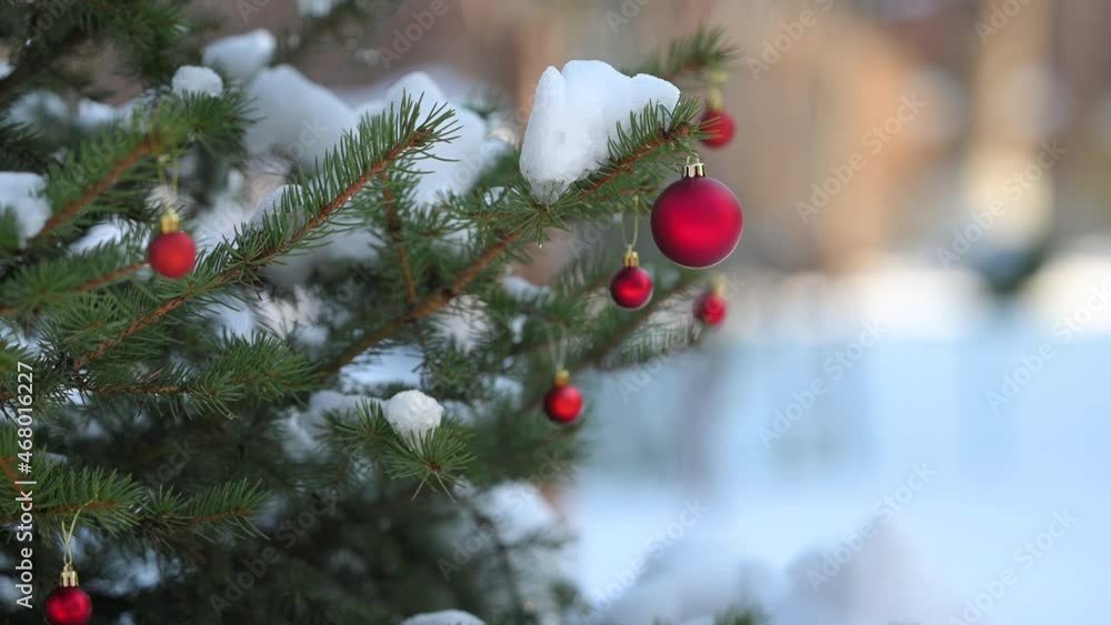 Merry Christmas. Decorated Christmas tree outdoors. 4K Merry Christmas. Decorated Christmas tree outdoors. 4K