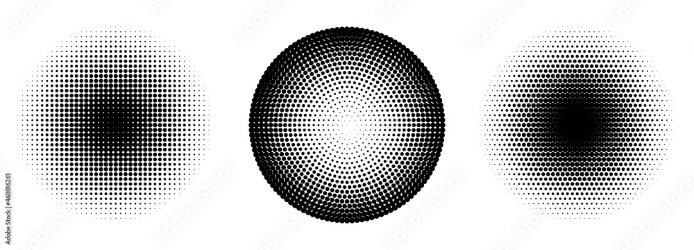 Set of halftone circles. Abstract dotted background. Texture of black dots. Monochrome gradient background. Vector illustration.