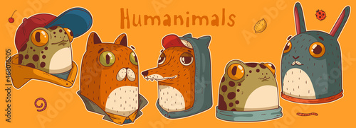 Funny portrait vector set of humanized animals. Cute isolated cartoon heads of frogs, cat, fox and hare. Sketch drawn animal characters with various emotions. Sticker pack worthy