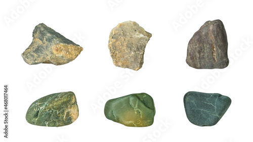Set of various sea stones. Isolated on white background. Top view flat lay. clipping path.