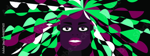 Vector graphics - a close-up portrait of a beautiful dark-skinned African-American woman with beautiful makeup and abstract colored green disheveled long hair. Concept style