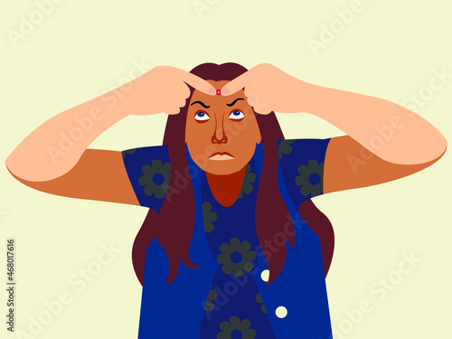 Vector graphics - a young woman looks with indignation in close-up and squeezes out an unexpectedly appeared pimple on her face with her fingers. Concept - healthy clean skin