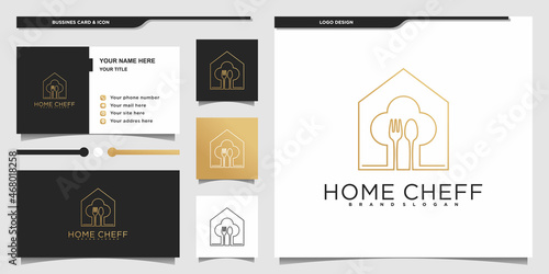 Modern home chef logo design with creative line art style and business card Premium vektor
