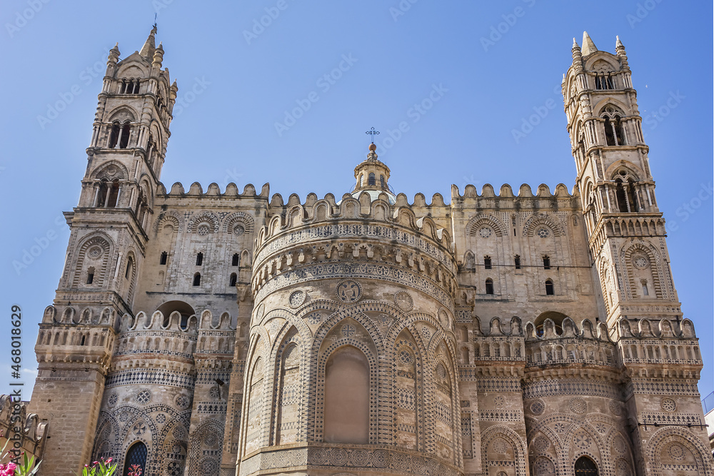 Arab-Norman architectural style of Cathedral Santa Vergine Maria Assunta (erected in 1185) in Palermo, Sicily. Palermo Cathedral is cathedral church of Roman Catholic Archdiocese of Palermo.