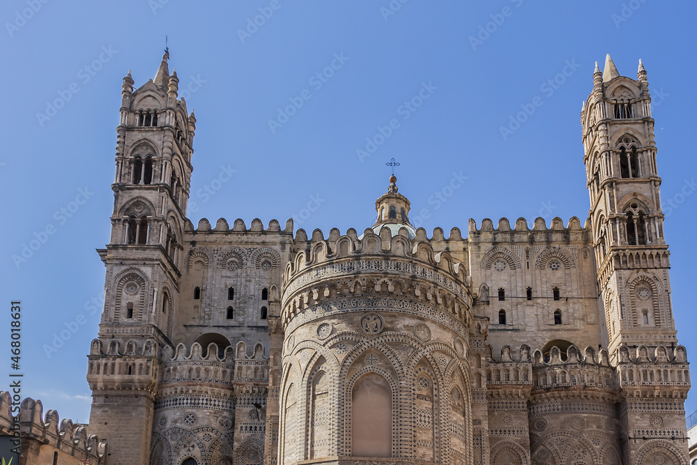 Arab-Norman architectural style of Cathedral Santa Vergine Maria Assunta (erected in 1185) in Palermo, Sicily. Palermo Cathedral is cathedral church of Roman Catholic Archdiocese of Palermo.