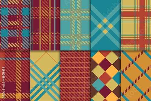 Checkered plaid and geometric abstract seamless pattern collection set