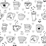 Seamless pattern of different beautiful cups on a white background. Design element. Beautiful glassware for drinks. Coloring. Vector illustration. Flat design.