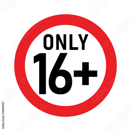 16 plus sign. Sixteen. For adults only. Age restrictions, censorship, parental control. Icon for content, movies, alcohol, night clubs and bars.