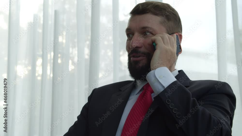 Portrait senior business man with a beard in an expensive suit,talking on the phone in the office,satisfied with the negotiations business man raises his fist upward,showing the success of his victory Portrait senior business man with a beard in an expensive suit,talking on the phone in the office,satisfied with the negotiations business man raises his fist upward,showing the success of his victory