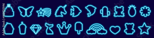 Big set of led fantasy birthday, food, animal neon frames in trendy blue color. Glow symbols and characters, unicorn, rainbow, butterfly, crown, star, cake. Vector illustration in neon style for