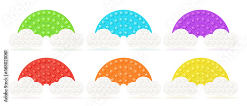 Set of popit rainbows on the clouds as a fashionable silicon fidget toys. Antistress toy for fidget in bright colors. Bubble sensory popit toy. Vector illustration isolated on a white background.
