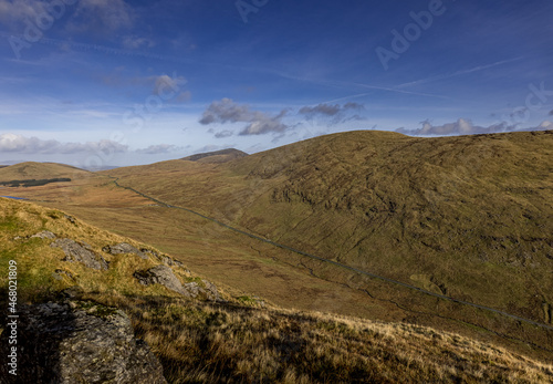 Slieve Muck and Spelga Pass seen from Pigeon Rock mountain during Autumn, Western Mournes area of outstanding natural beauty, County Down,Northern Ireland