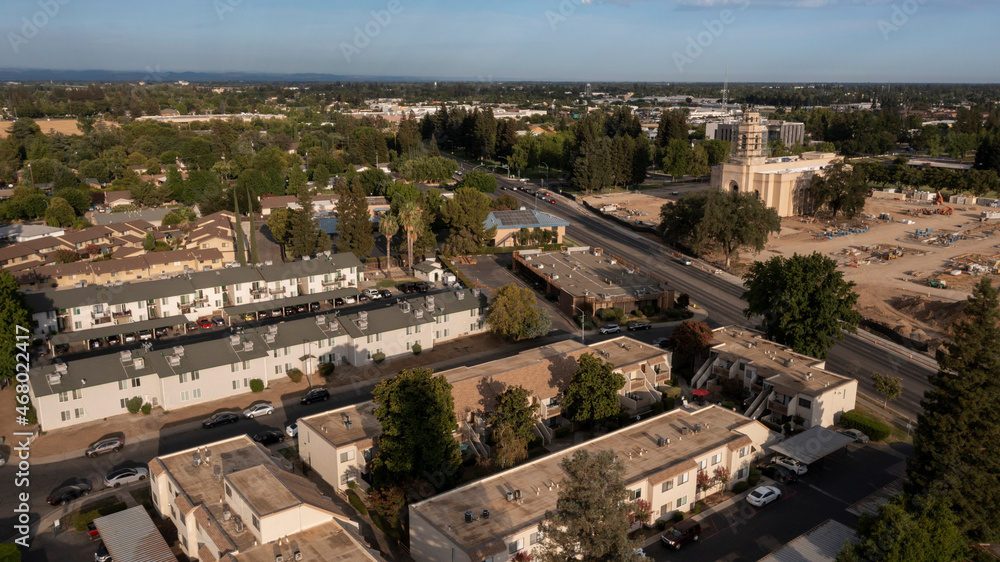 Afternoon aerial view of the urban core of downtown Yuba City, California, USA.
