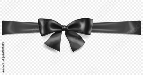 Beautiful black bow with horizontal ribbon with shadow, isolated on transparent background. Transparency only in vector format