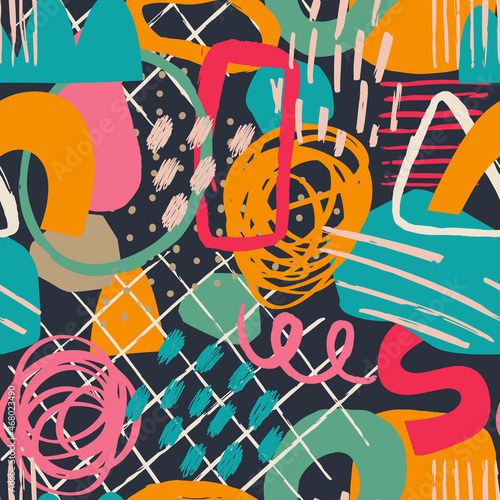 Hand drawn various shapes and leaves, spots, dots and lines. Different colors. Abstract contemporary seamless pattern patchwork style