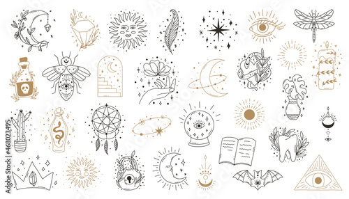 Boho mystic doodle esoteric set. Magic line art poster with moon, hand, flower.