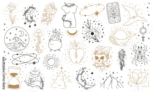 Boho mystic doodle esoteric set. Magic line art poster with tarot card, witch hat, cauldron