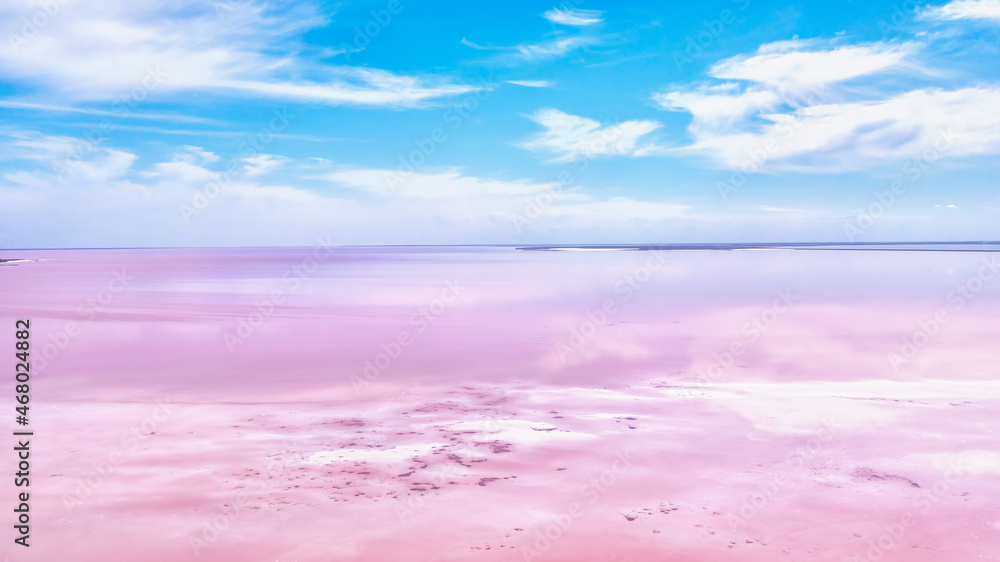 The pink water. Algae that grows in high levels of salt. Pink lake in Kherson region, Ukraine.