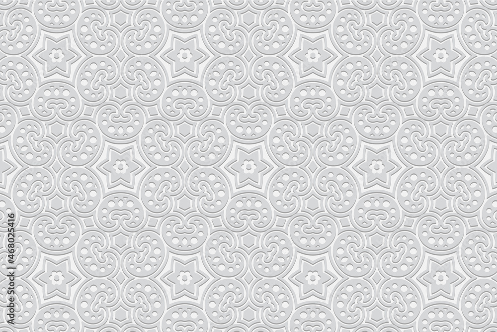Embossed white background design, exotic banner with geometric volumetric convex ethnic 3D pattern. Vintage oriental, Indian, Mexican, Aztec style, doodling technique, art deco.