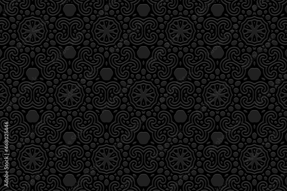 Embossed black background design, creative banner with geometric volumetric convex ethnic 3D pattern. Vintage oriental, Indian, Mexican, Aztec style, doodling technique, art deco.