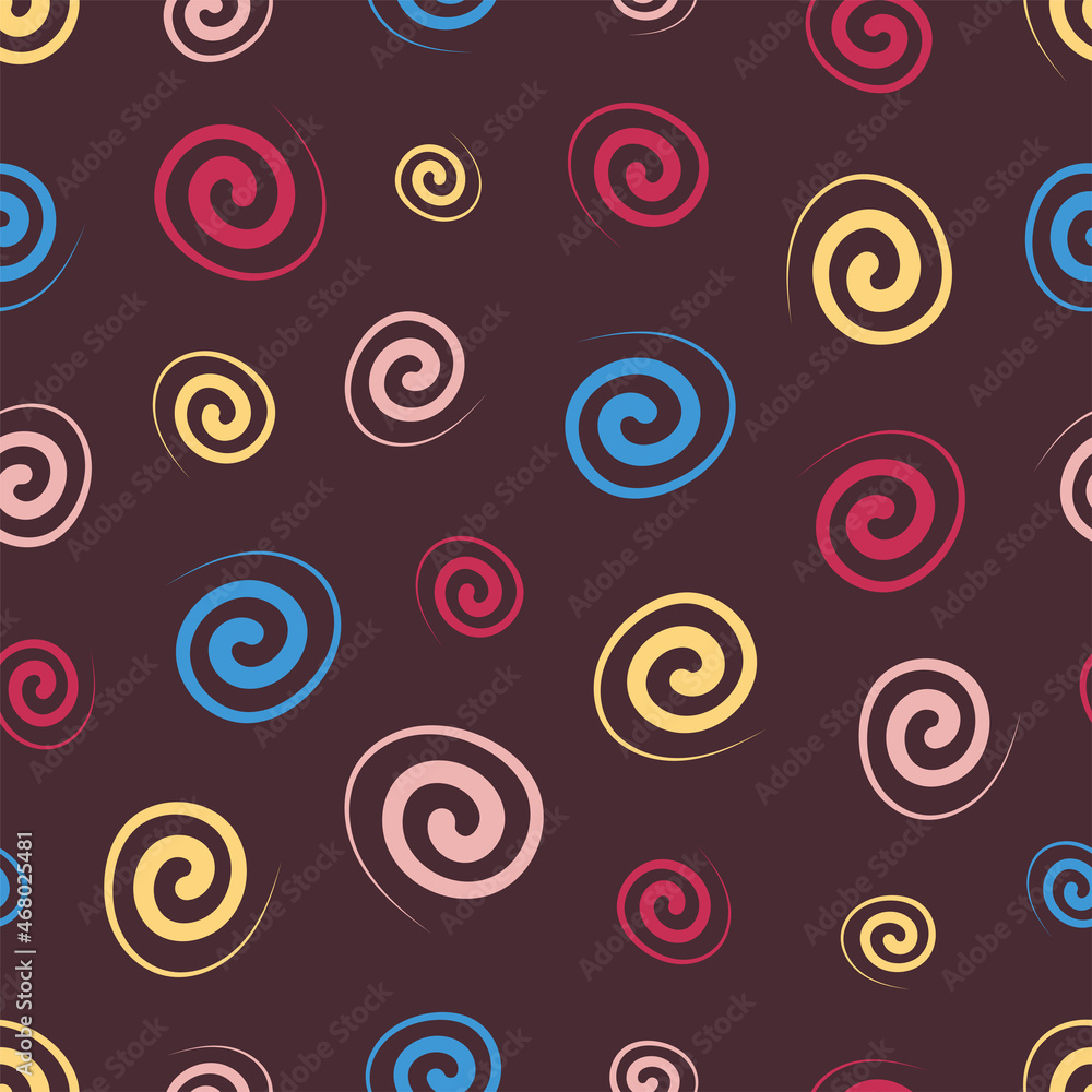 Multicolored spirals hand drawn on a dark background vector seamless pattern
