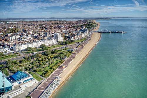 Aerial view of Southsea Rock Gardens on the seafront with a view towards Southsea Pier.