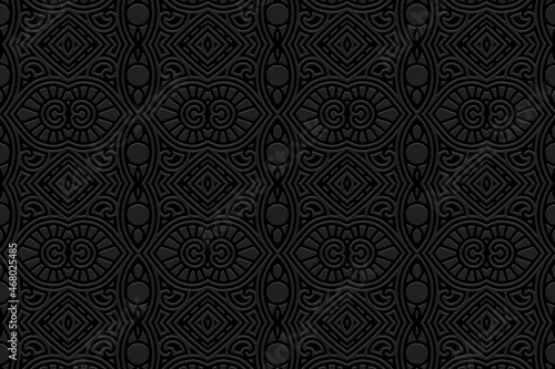Embossed black background design, banner with geometric volumetric convex ethnic trendy 3D pattern. Vintage oriental, Indian, Mexican, Aztec style, doodling technique, art deco.