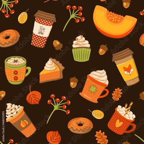 Autumn pastry and drinks flat seamless pattern. Pumpkin spice latte and cupcakes vector wallpaper.