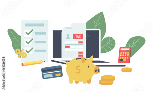 Tax Payment via Internet, Online Government Service Financial Concept. Laptop, Tax Form, Piggy Bank, Calculator or Coins