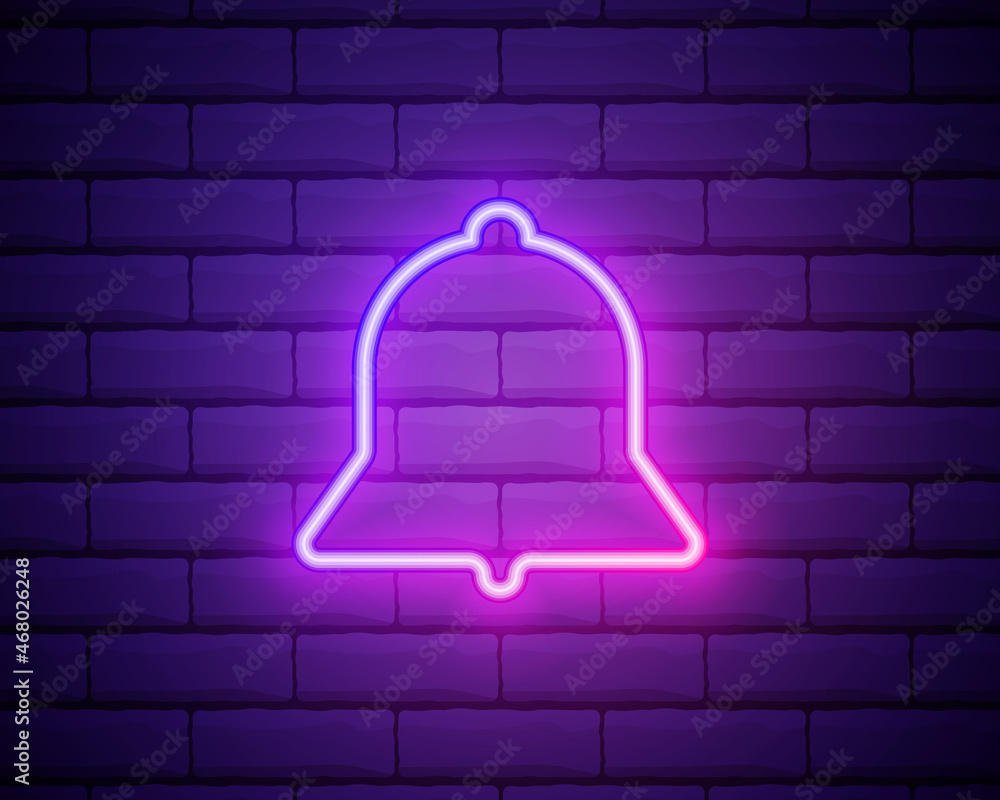 Glowing neon line Bell icon isolated on brick wall background. New Notification icon. New message icon. Colorful outline concept. Vector Glowing neon line Bell icon isolated on brick wall background. New Notification icon. New message icon. Colorful outline concept. Vector