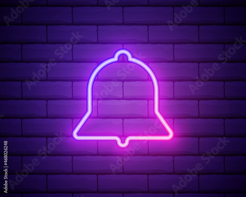 Glowing neon line Bell icon isolated on brick wall background. New Notification icon. New message icon. Colorful outline concept. Vector