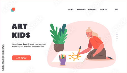 Art Kids Landing Page Template. Preteen Girl Drawing, Kid Painting, Little Child Holding Colored Pencil Create Picture