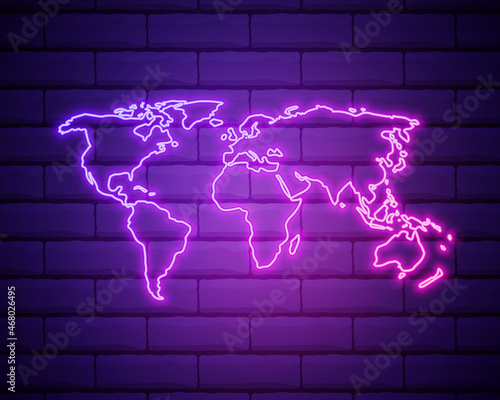 Neon world map. Vector illustration . Neon World Map isolated on brick wall background