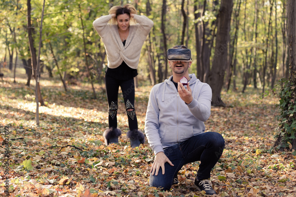 man holding ring and proposing virtual girlfriend man holding ring and proposing virtual girlfriend