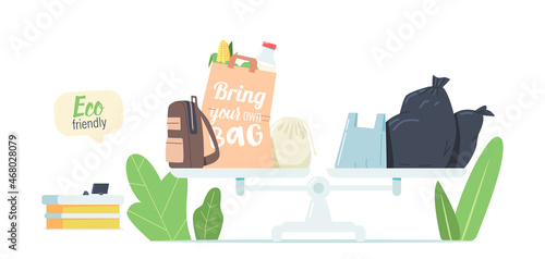 Plastic and Eco Friendly Bags on Scales Bowls in Supermarket Interior with Cashier Desk. Ecology Protection, Pollution