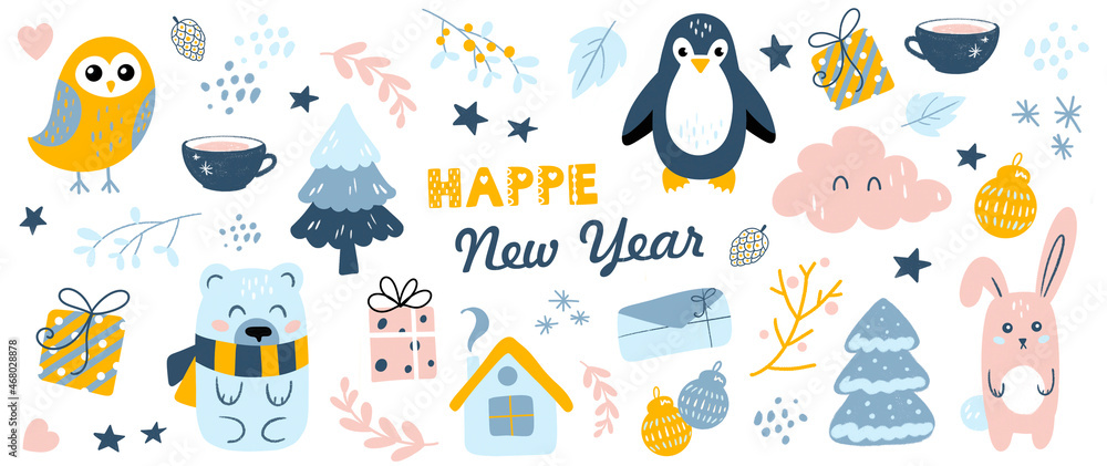 Fototapeta premium Christmas cards with a cute penguin, bear, hare, owl, trees, a cup of hot chocolate, Christmas toys in cartoon style. Background for fabric, textile, apparel, wallpaper. Gift packaging design.