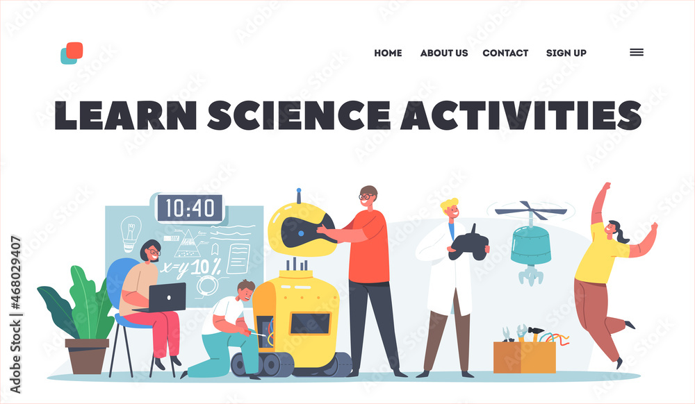 Kids Learn Science Activities Landing Page Template. Kids Programming and Creating Robots in Class. Engineering for Kids