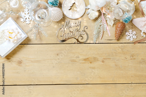 Christmas table setting place on wooden background.