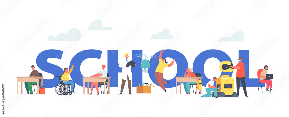 School Concept. Kids on Lesson Concept. Disabled and Healthy Kids in Classroom. Robotics Class, Disability and Education School Concept. Kids on Lesson Concept. Disabled and Healthy Kids in Classroom. Robotics Class, Disability and Education