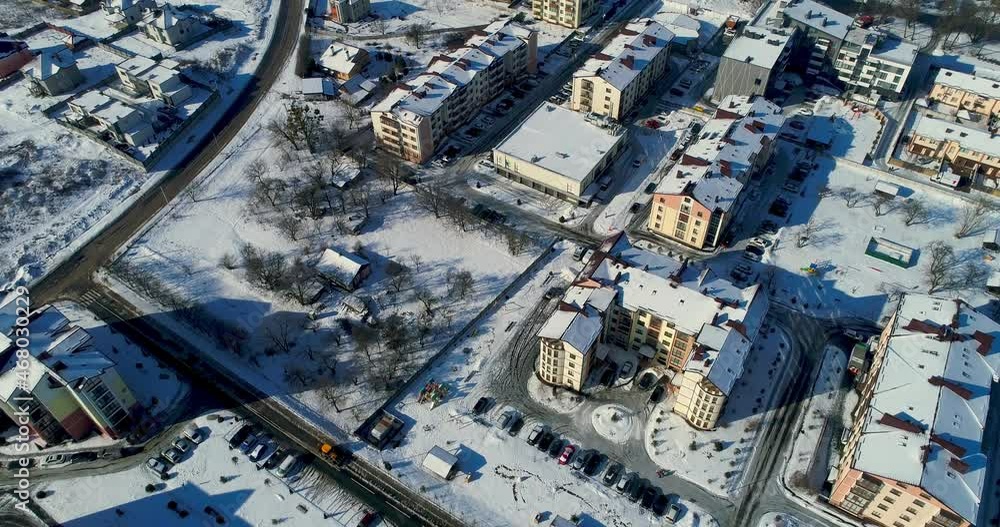 4k. Aerial view of the winter city