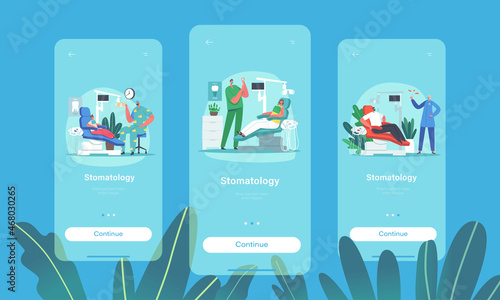 Stomatology Mobile App Page Onboard Screen Template. Dentist Check Up, Adult and Children Patients Lying in Chair