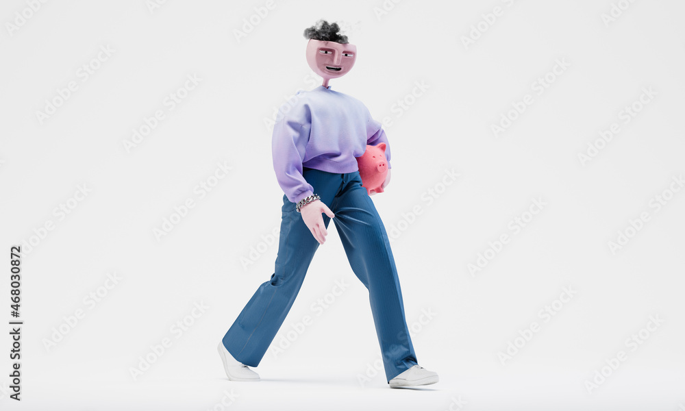 Awesome Travor walks with a piggy bank under his arm. Highly detailed fashionable stylish abstract character isolated on white background. Right view. 3d rendering. Awesome Travor walks with a piggy bank under his arm. Highly detailed fashionable stylish abstract character isolated on white background. Right view. 3d rendering.